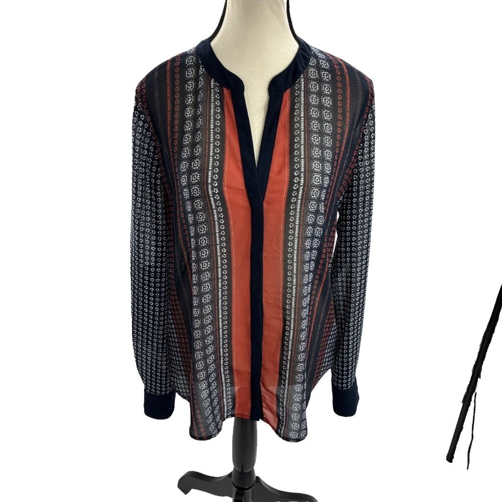 Sanctuary Womens Size M Blouse Navy Red Sheer Long Sleeve Boho Tunic Top